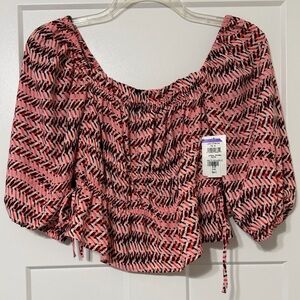 Open Edit Women’s Pink Patterned Puff Sleeve Crop Top - Small
